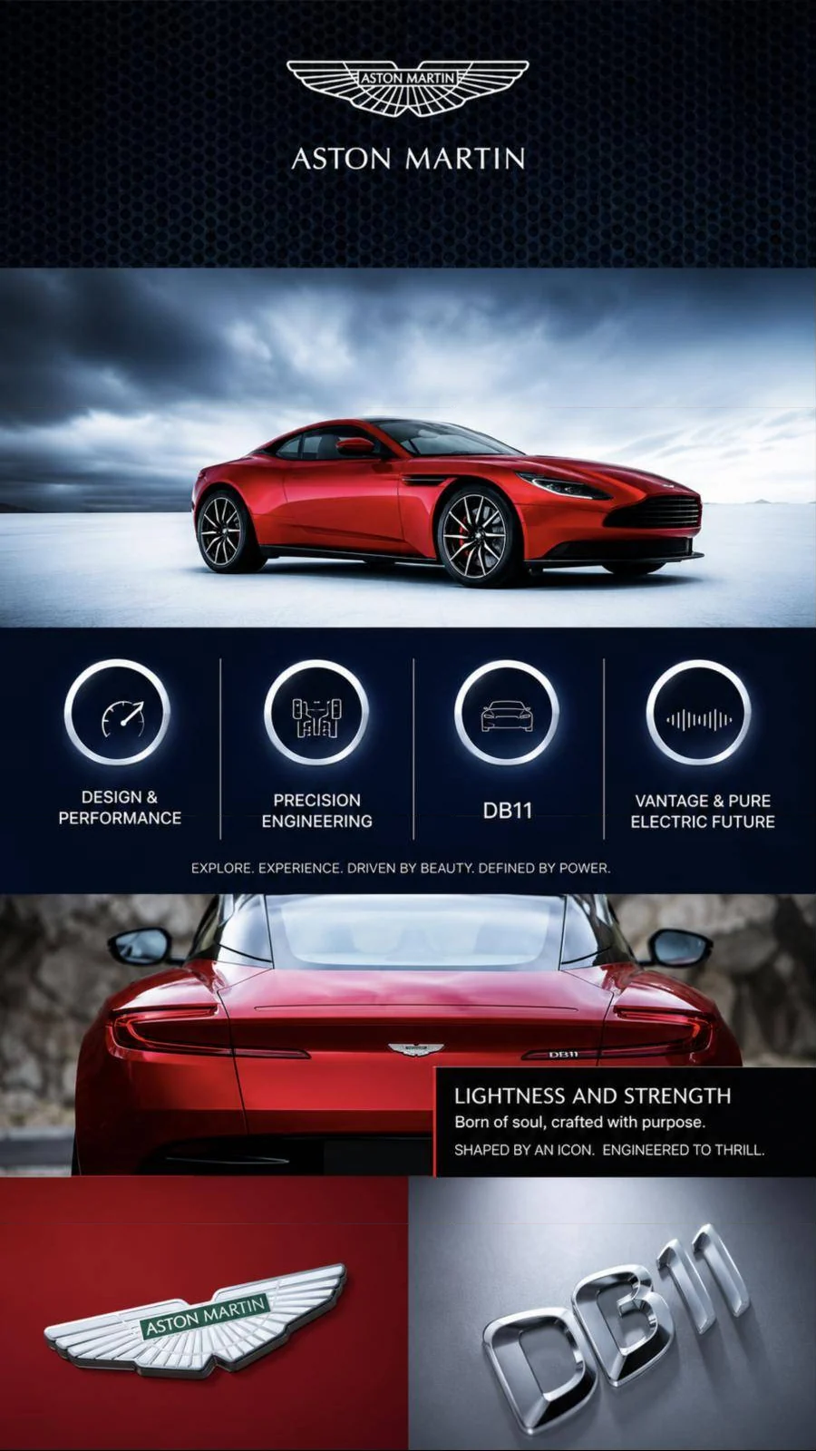 Vertical touchscreen interface: DB11 hero image, feature navigation and detail panels