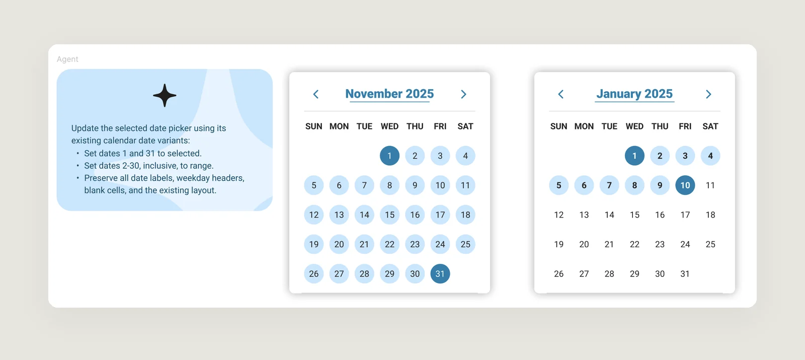 A prompt to Figma’s AI agent updates a date picker using its existing date variants: before and after