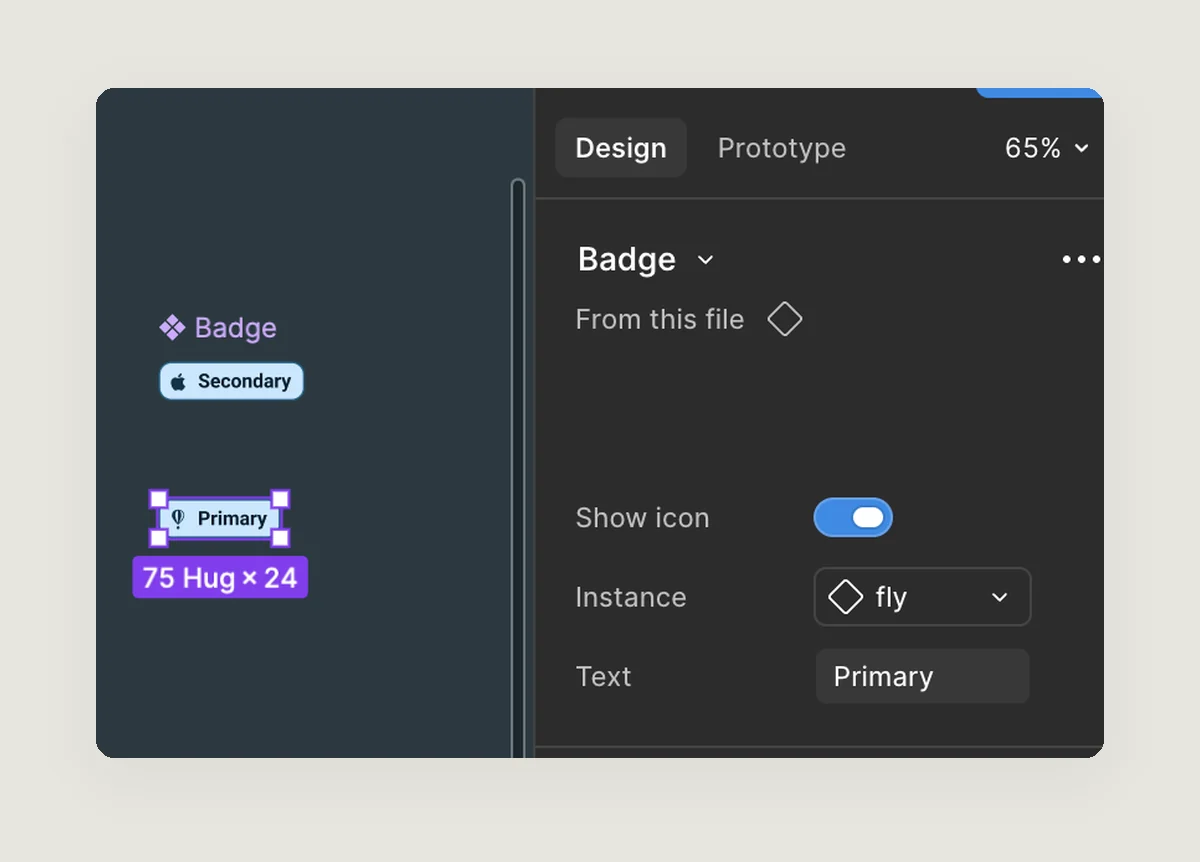 Badge component with a Show icon toggle, icon swap and text property