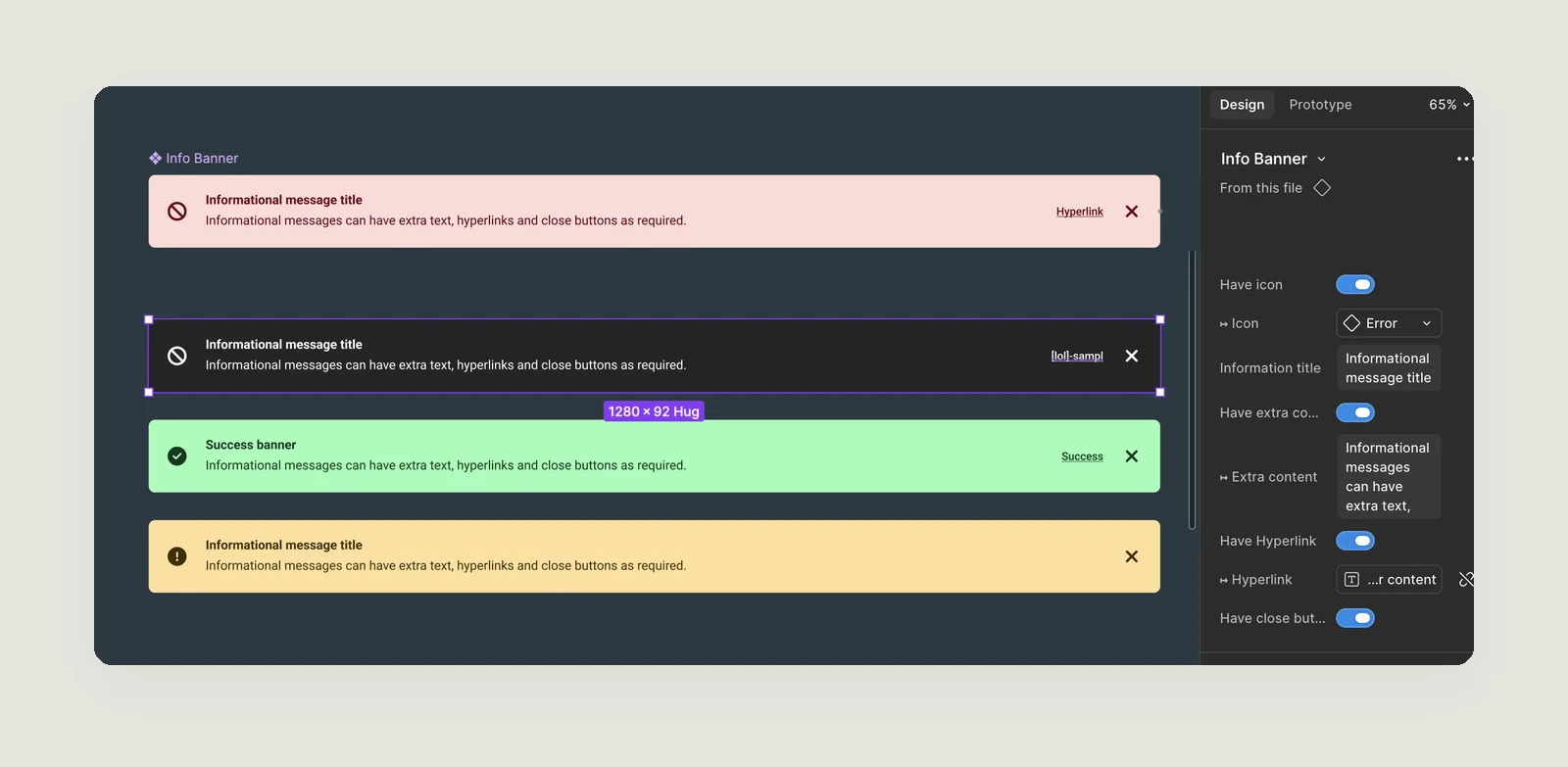 One Info Banner component showing error, neutral, success and warning states, with toggles for icon, title, extra content, hyperlink and close button
