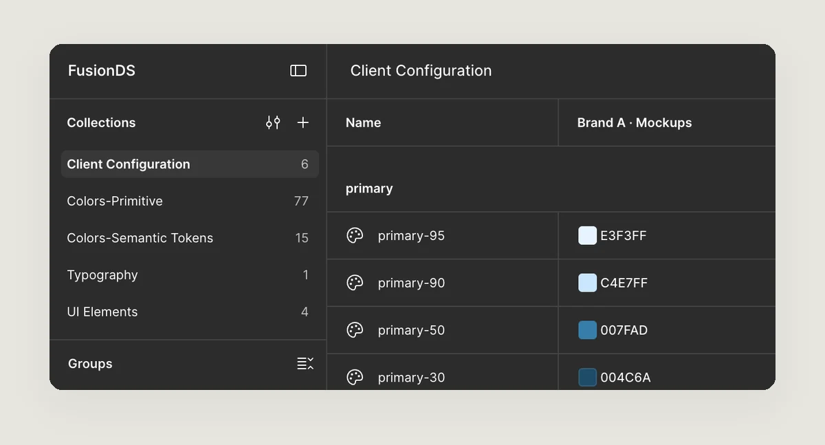 Client Configuration collection: brand colours switched per client, with mockup and wireframe modes
