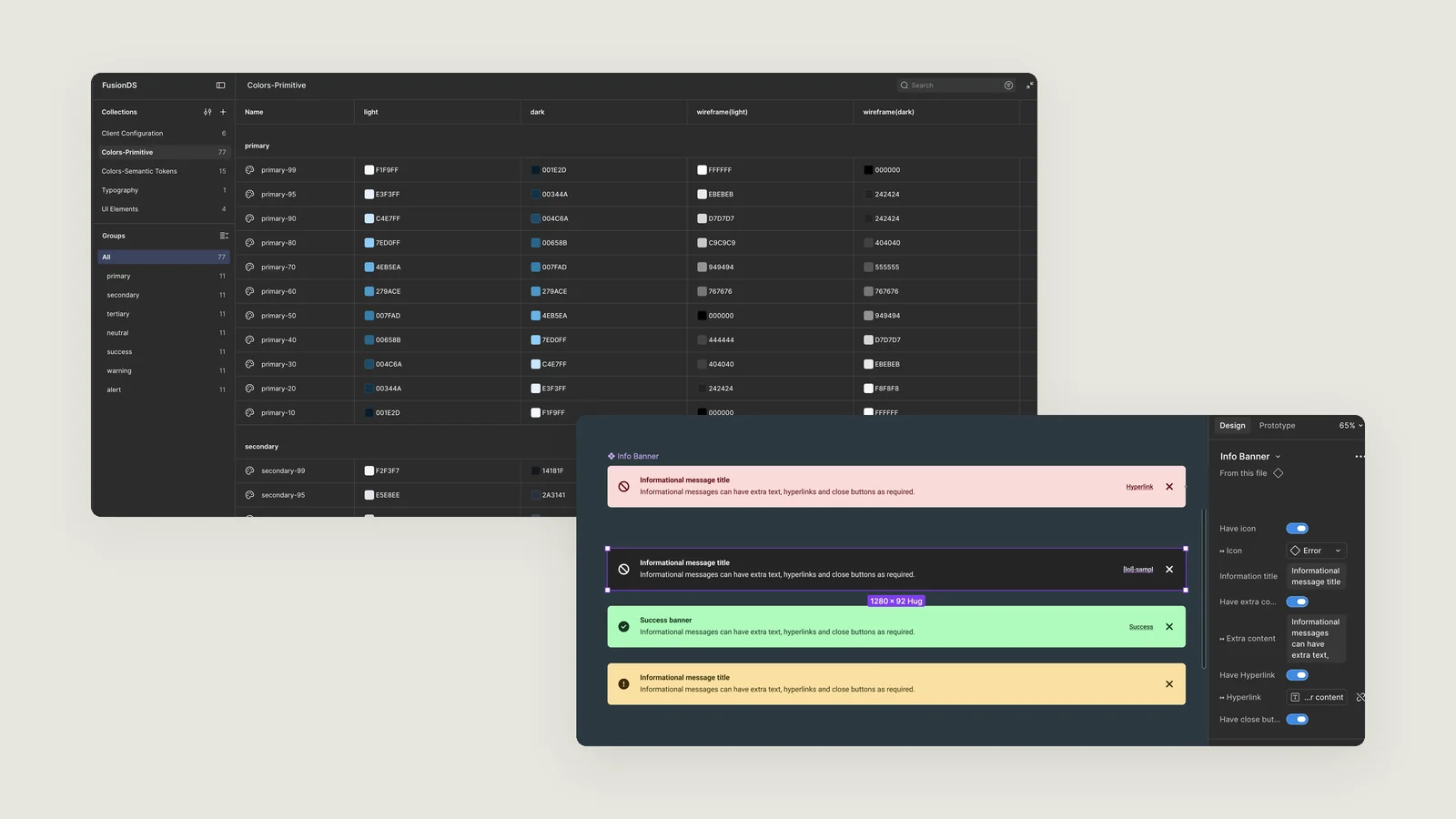 FusionDS variable collections in Figma, overlapped by the single Info Banner component and its property toggles