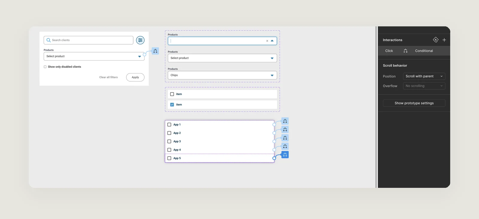 Filter panel prototyped with variables: the product dropdown and each checkbox option use conditional click interactions