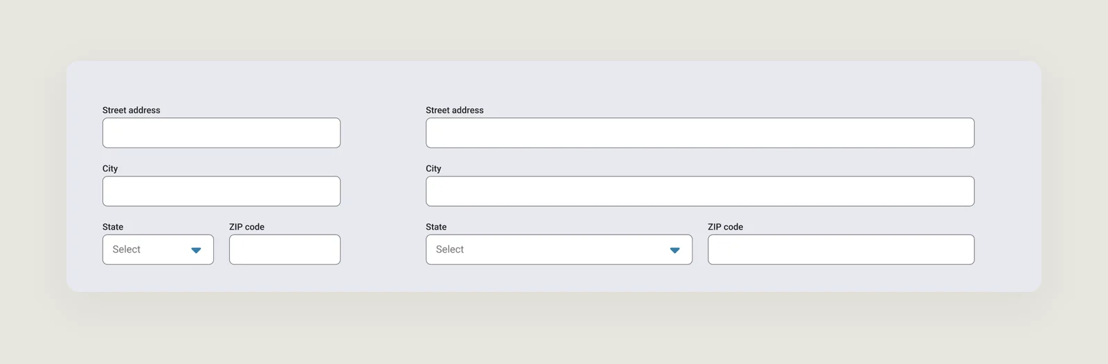 The same address form component at two widths, with fields that reflow to fit