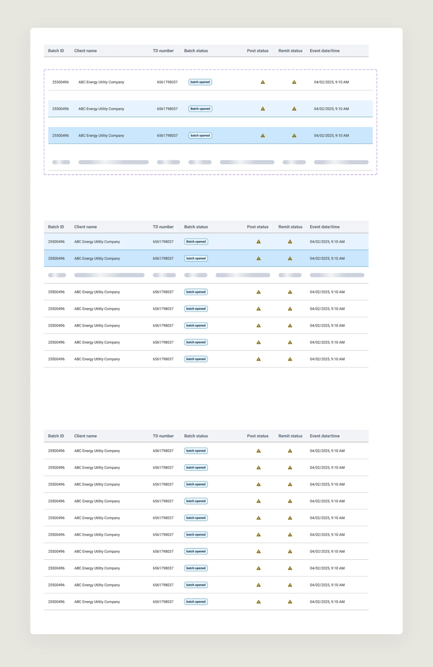 Tables built from row variants: default, hover, selected and loading rows assembled into full tables