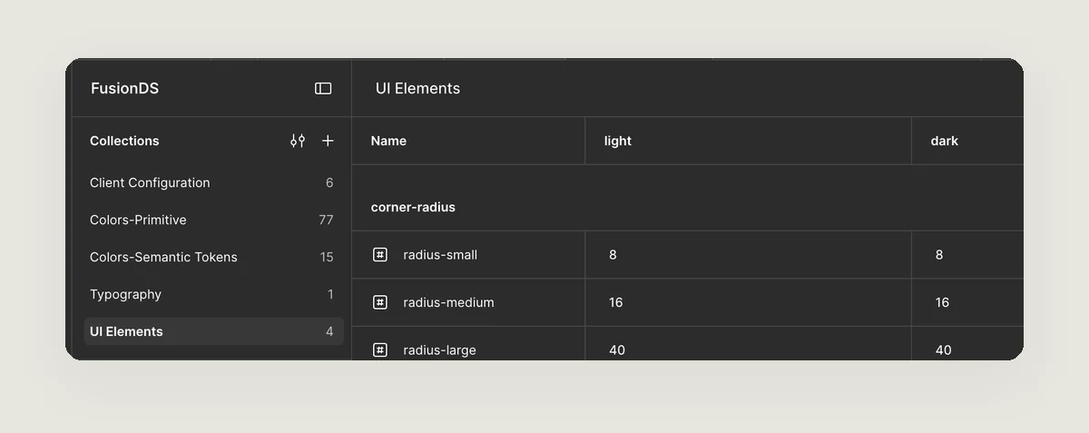 UI Elements collection: corner radius and border tokens, set to zero in wireframe mode