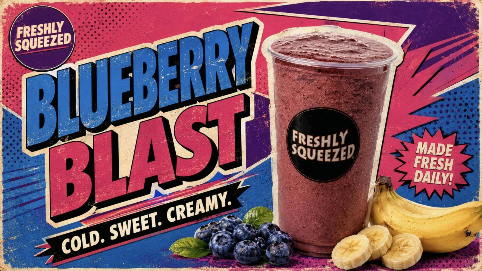 Blueberry Blast ad in a comic-poster style: ‘Cold. Sweet. Creamy.’