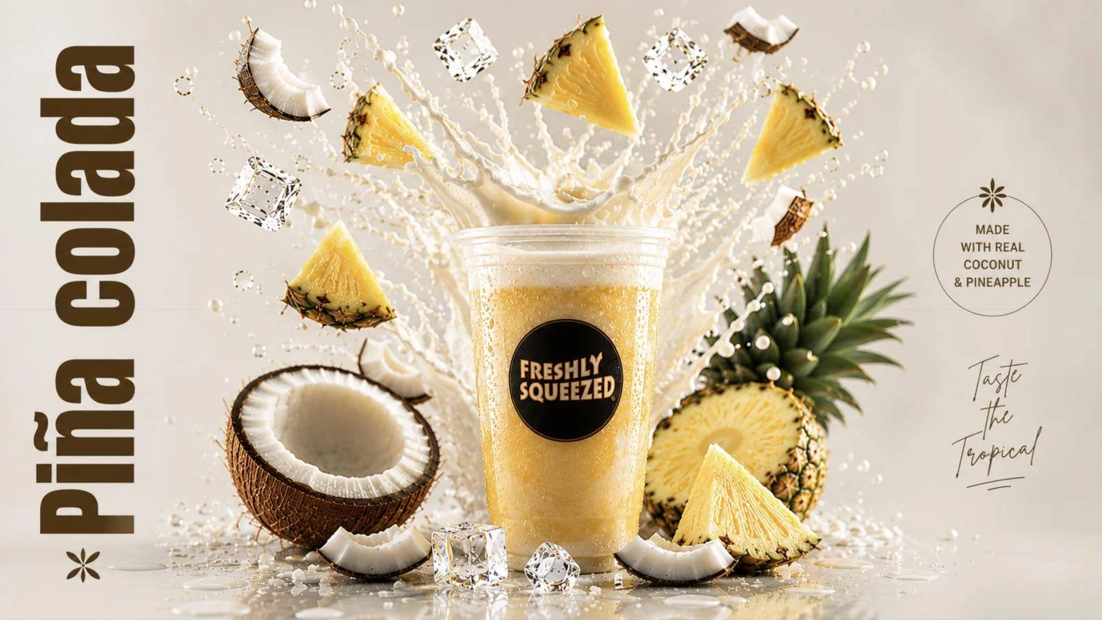 Piña Colada ad with coconut and pineapple splash: ‘Taste the tropical’