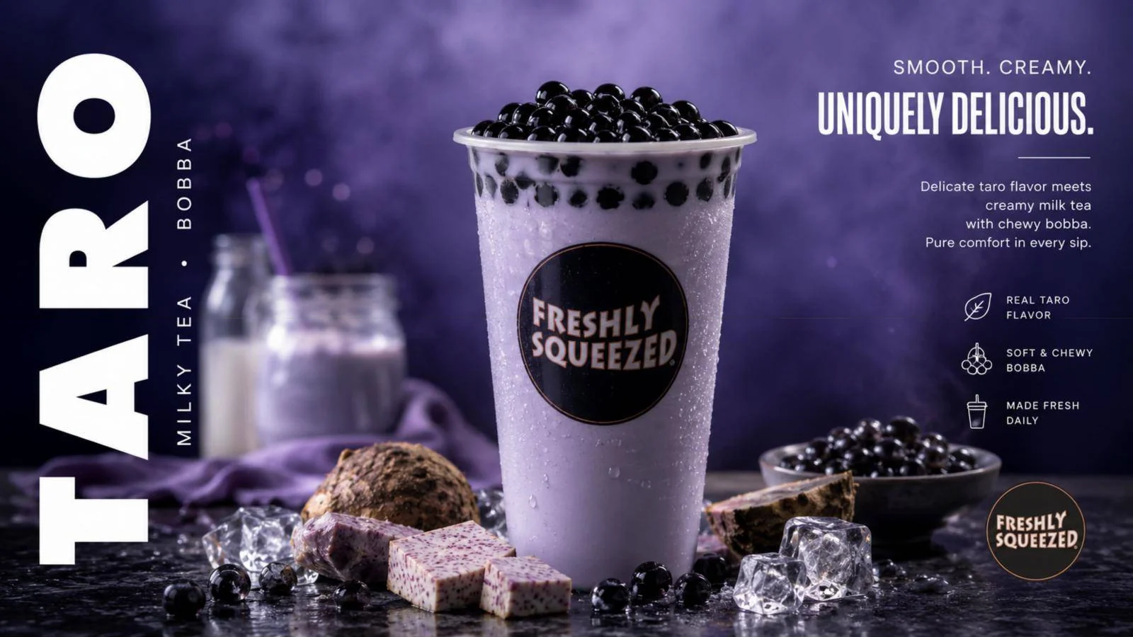 Milky Taro bubble tea ad on a purple background: ‘Uniquely delicious.’