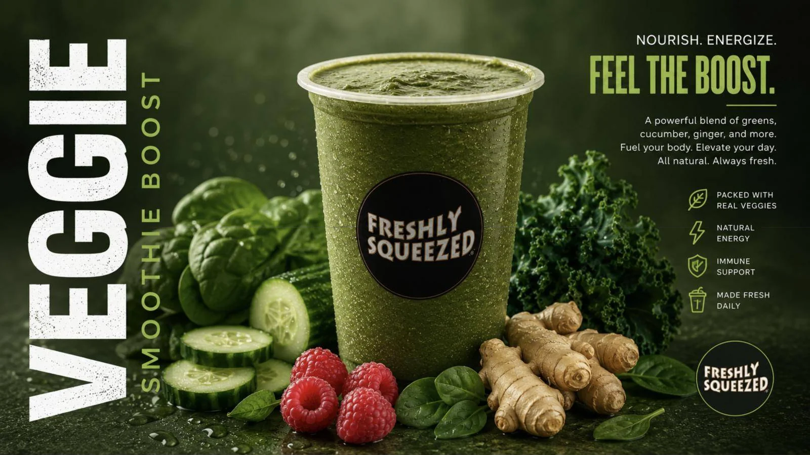 Veggie Smoothie ad with greens, cucumber and ginger: ‘Feel the boost.’