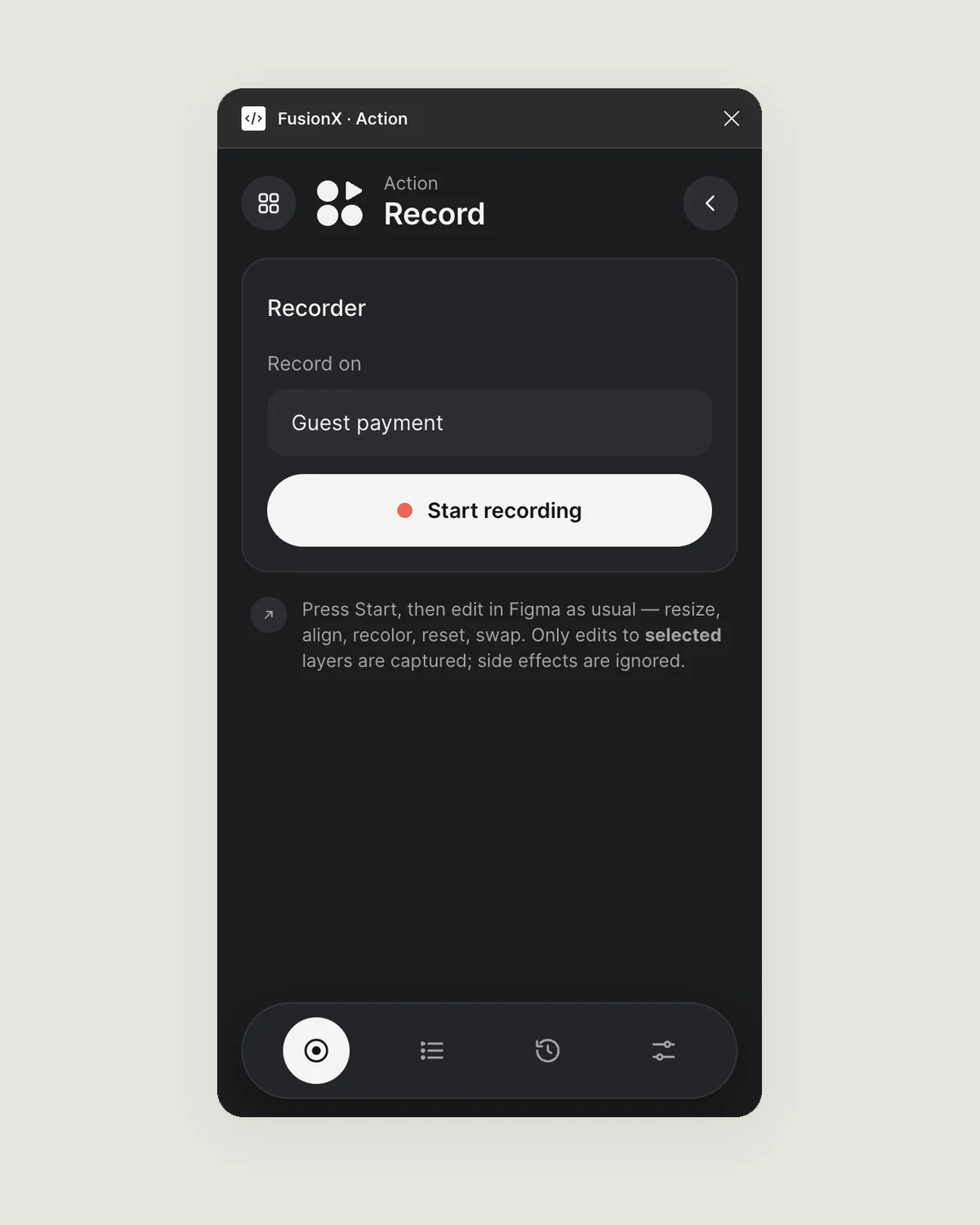 FusionX Action tool recording edits on a Guest payment screen