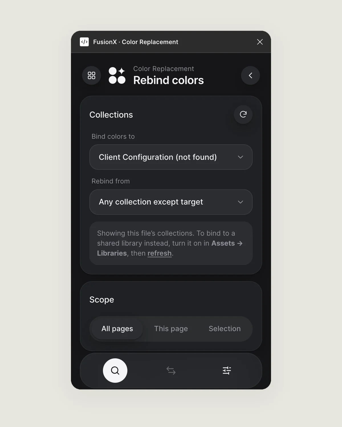 FusionX Color Replacement: choose the client variable collection to bind to, what to rebind from, and the scope