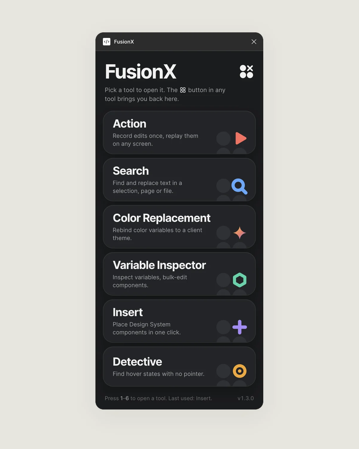FusionX home screen with large cards for Action, Search, Color Replacement, Variable Inspector, Insert and Detective