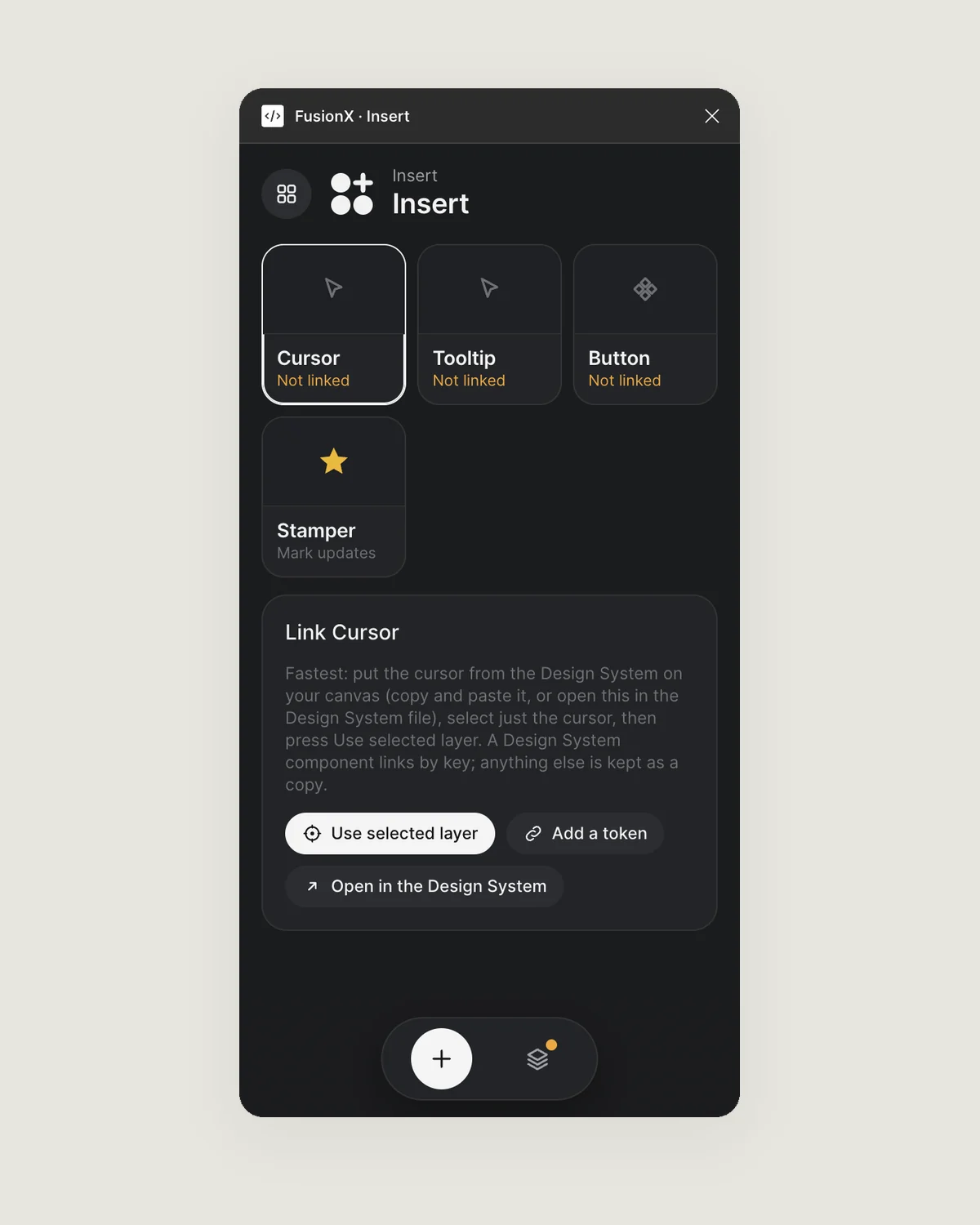 FusionX Insert tool: Cursor, Tooltip, Button and Stamper cards, with options to link a design system component