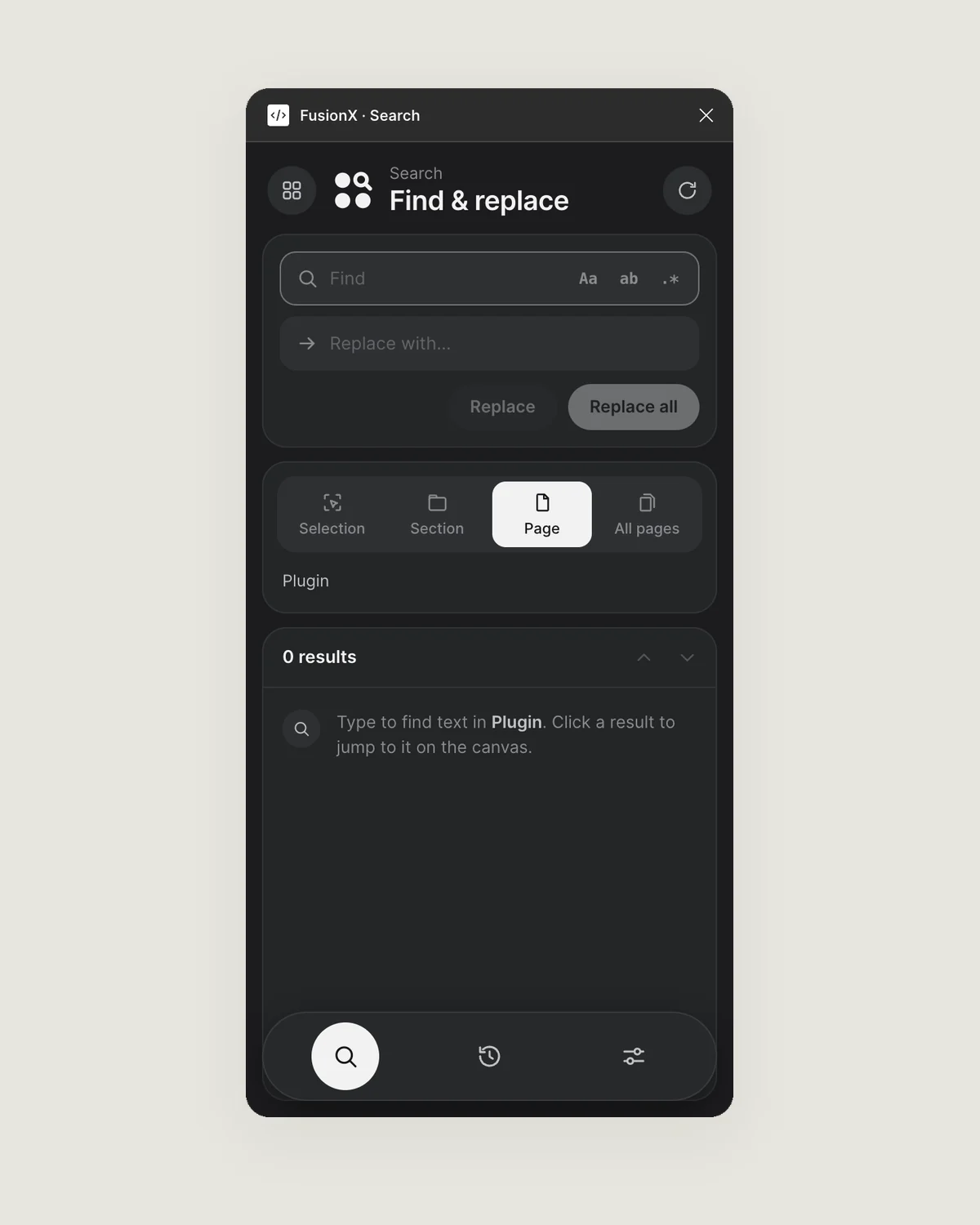 FusionX Search tool: find and replace fields with Selection, Section, Page and All pages scopes