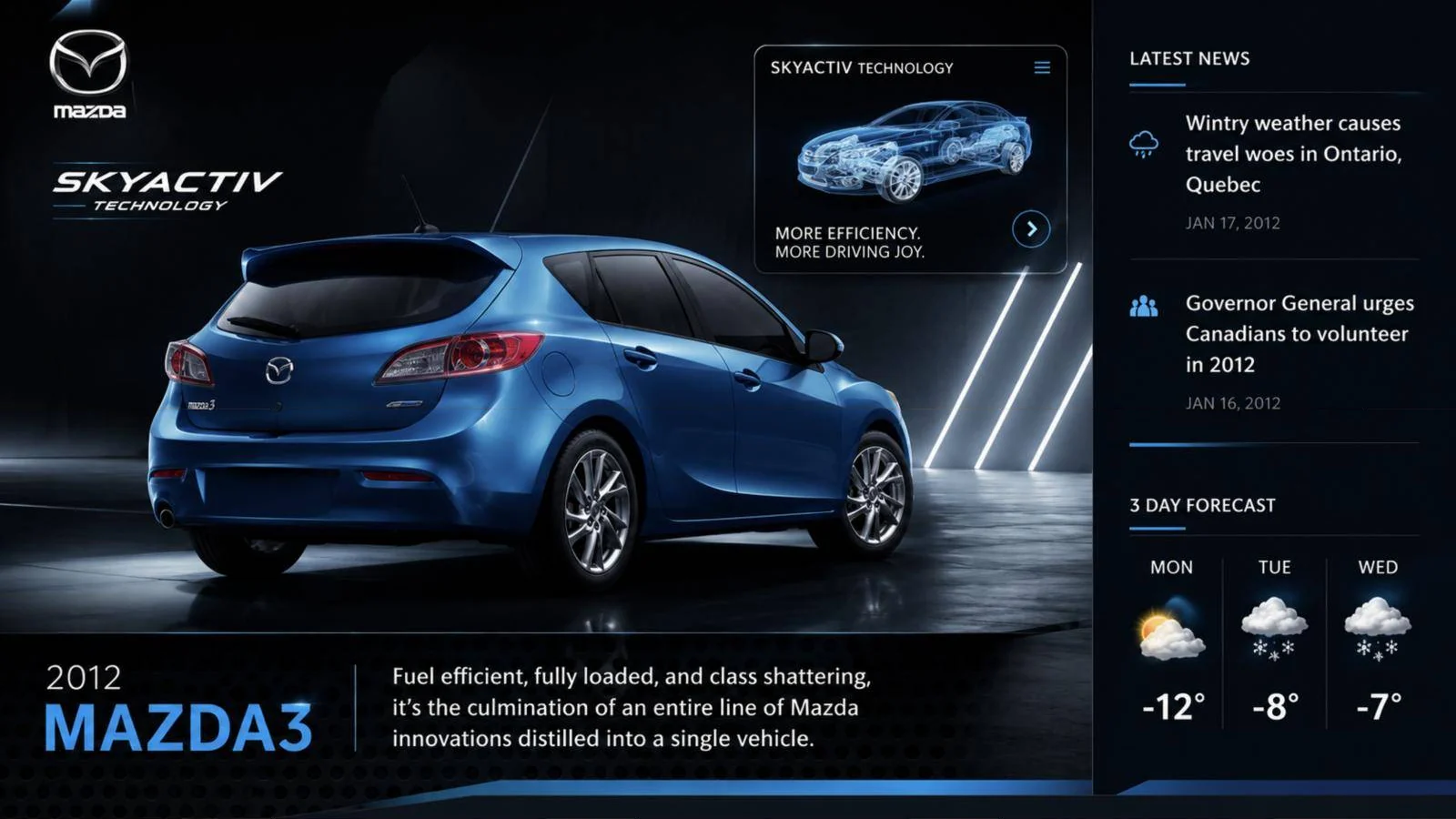 Dealer screen layout: Mazda3 hero, SKYACTIV panel, latest news and a 3-day Toronto forecast