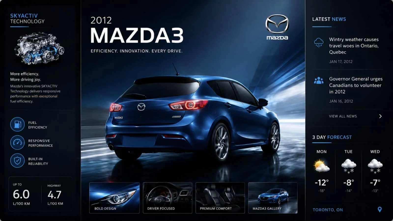Dealer screen layout in red: Mazda3 feature navigation, fuel efficiency, news and weather