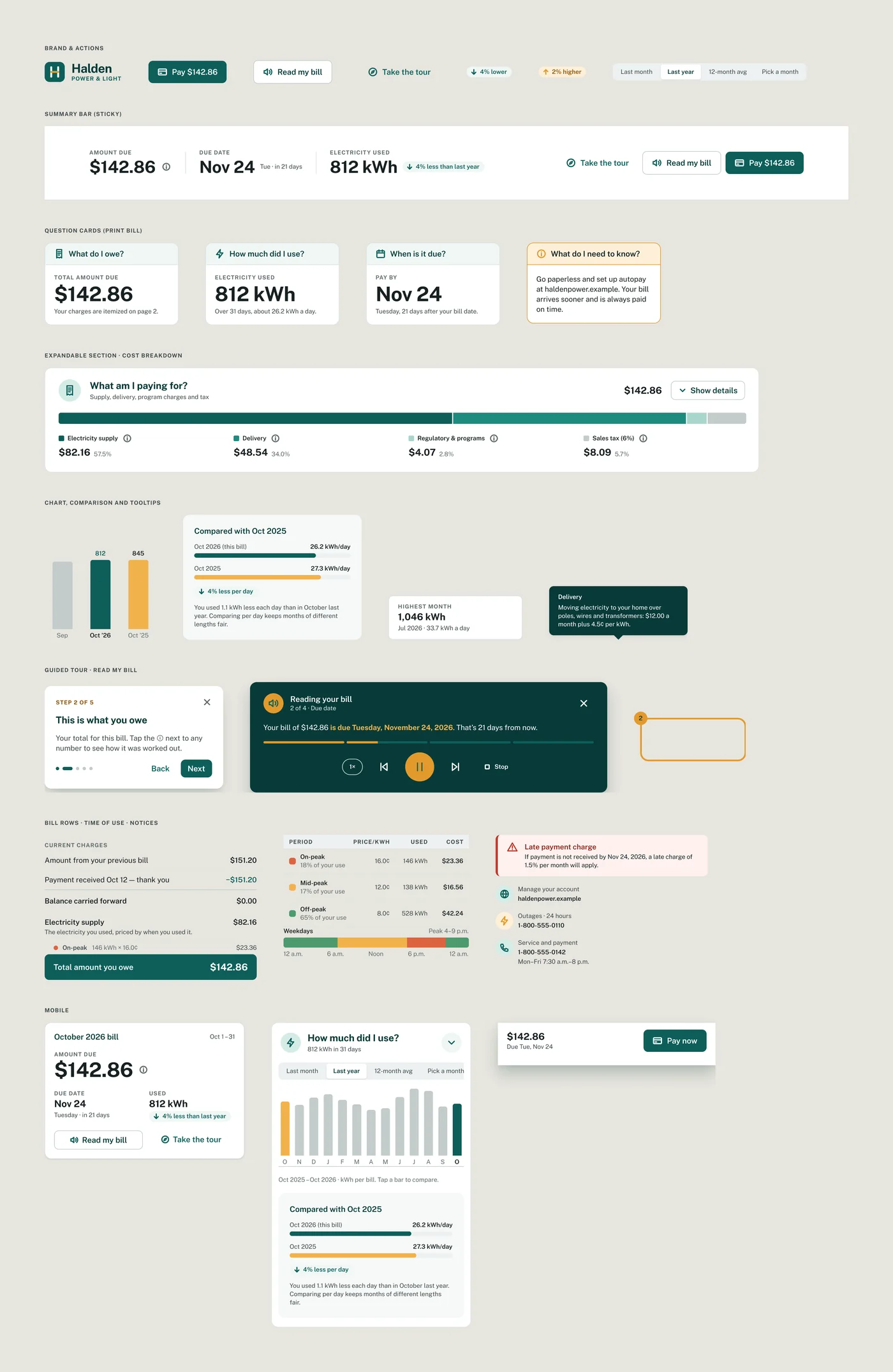 The Smart Invoice components: summary bar, question cards, expandable cost breakdown, usage chart, tour and read-aloud controls, bill rows and mobile cards
