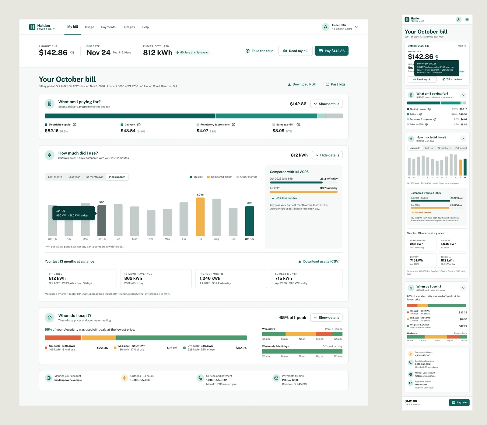 The usage section expanded on desktop and mobile: a 13-month chart, a per-day comparison with last year, and a 13-month summary