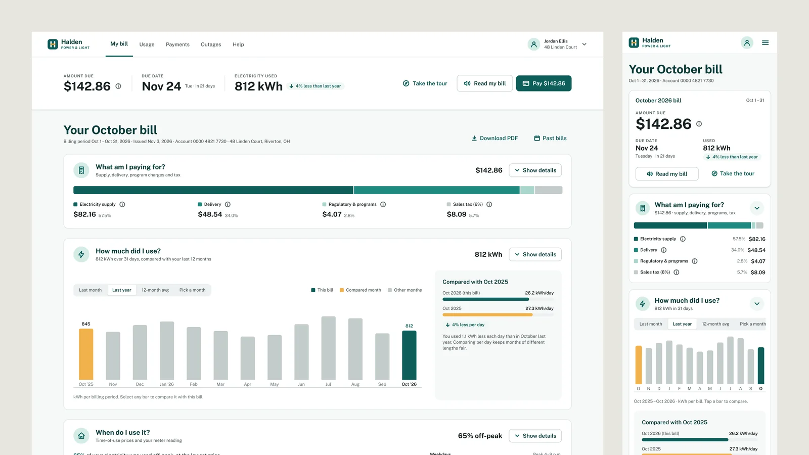 The Smart Invoice for a fictional utility, Halden Power & Light: the desktop bill with amount due, due date and usage at the top, next to the mobile bill