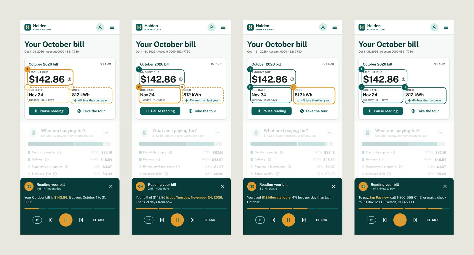 Read my bill on mobile, in four steps: amount due, due date, usage and how to pay, each highlighted and read aloud