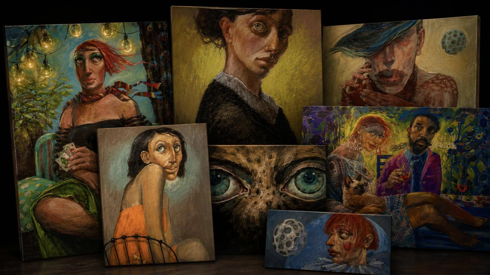 A group of expressive figurative oil paintings by Zeena Sileem arranged in a dark studio
